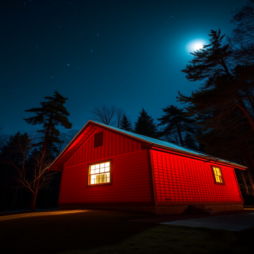 Create a nighttime scene of a red wooden house with a warm light glowing from the window, surrounded by trees under a full moon and starry sky, taken with a DSLR camera at ISO 800, f/2.8, 30 seconds exposure, capturing a wide-angle view with a soft-focus effect.