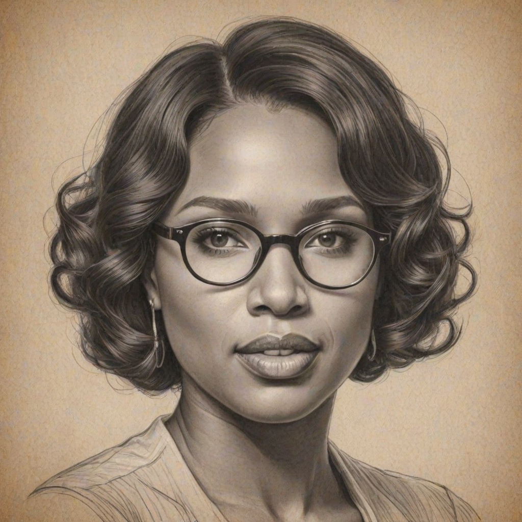 Fetching Jennifer Hudson, pencil sketch, portrait of Wonderful woman 1935s in glasses, hair style beatnik, outline, clear lines, fine lines, 8k