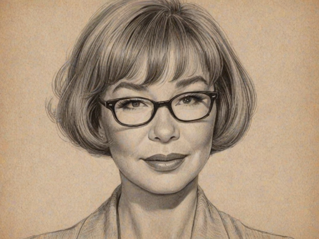 Splendid Shirley MacLaine, pencil sketch, portrait of Beauteous woman 1950s in glasses, hair style beatnik, outline, clear lines, fine lines, 8k