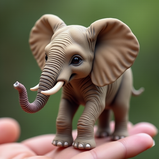 An extremely hyper-realistic elephant, its whole body fits perfectly in someone's finger. The elephant has rare colors and is extremely adorable. The elephant is extremely cute, making it eye-catching when enlarged. And standing on 2 legs
