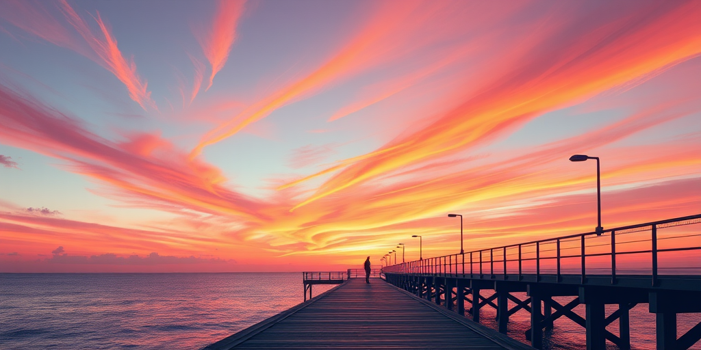 Regenerate an artistic illustration of a pier at sunset with a person standing at the end, vibrant orange and purple hues in the sky, soft clouds, use a DSLR camera type with a 50mm lens, aperture set to f/1.8, ISO 100, and a soft focus style to enhance image quality.