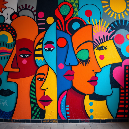 Create a vibrant abstract mural featuring colorful faces and shapes in a variety of bold hues and patterns, shot with a Canon EOS R5 at ISO 100, f/8, 1/125 sec, wide-angle lens, vibrant color profile, studio lighting for enhanced brightness.