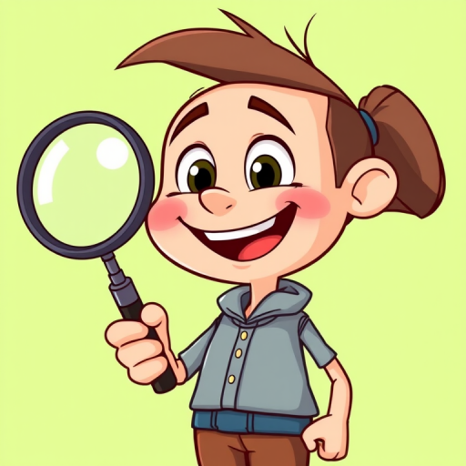 create a cartoon character holding a magnifying glass, smiling broadly with an illustrated style, use a soft focus lens, aperture f/4, ISO 200, 35mm focal length, shot in natural light, use a digital camera, emphasize a pastel green background to enhance character details and clarity