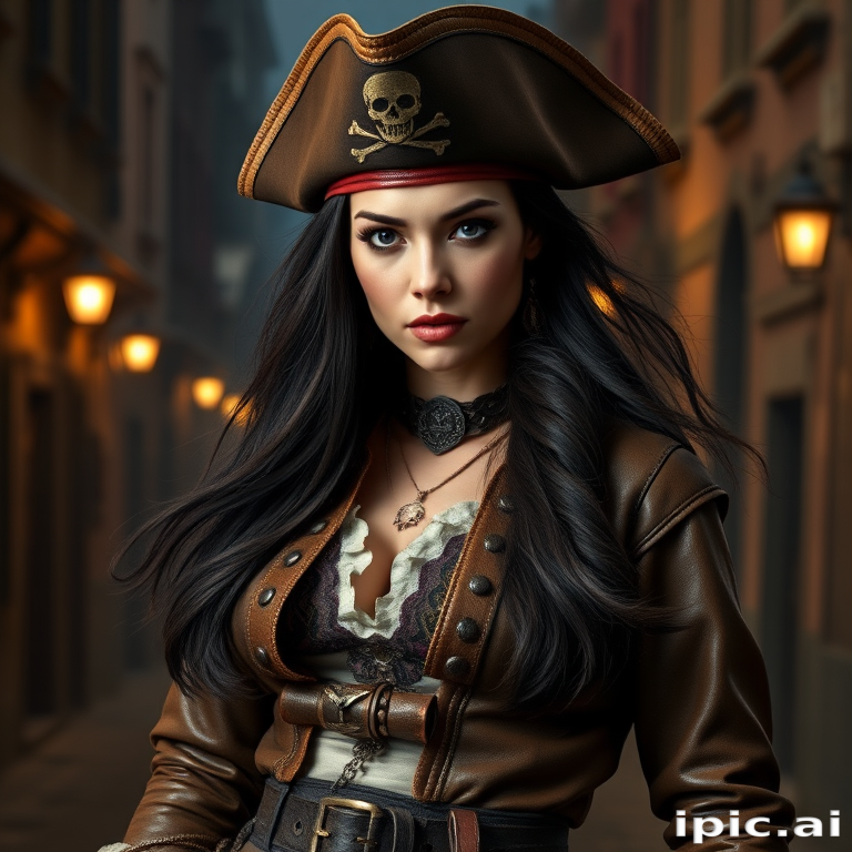 Create a portrait of a fierce female pirate. She wears a leather tricorn hat adorned with a skull and crossbones emblem, and her long, dark hair flows around her face. Her outfit consists of a richly detailed leather jacket, a corset, and multiple layers of belts and accessories, giving her a formidable and stylish appearance. She stands confidently in a dimly lit, historic port town, with a backdrop of weathered buildings and cobblestone streets, capturing the adventurous spirit of a pirate.