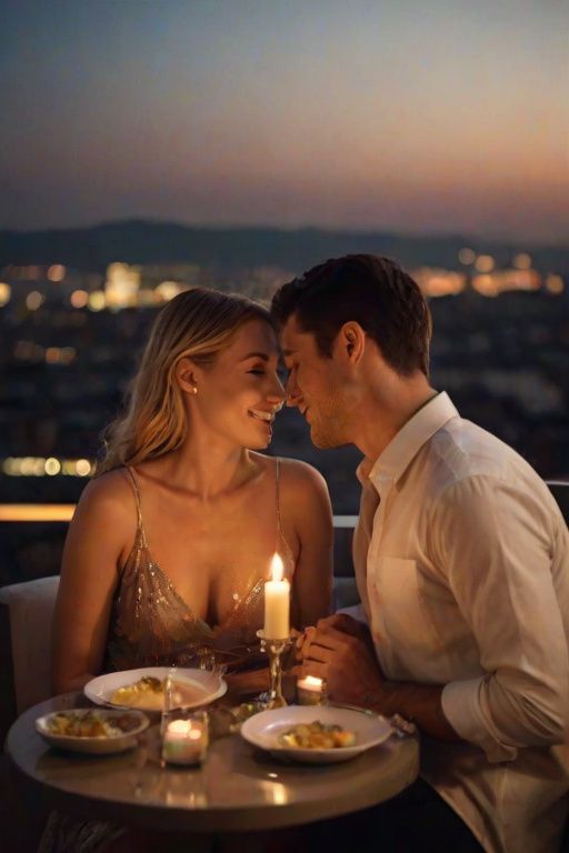 Warmly lit image of a couple sharing a romantic candlelit dinner on a balcony overlooking a city skyline, soft glow from the candles casting warm shadows on their faces, with distant lights twinkling in the background.
