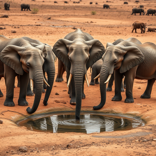 a group of elephants gathered around a water source in a dry landscape, captured with a Canon EOS 5D Mark IV, 24mm lens, f/8 aperture, 1/250 shutter speed, ISO 400, natural light, eye-level perspective, emphasizing their texture and details