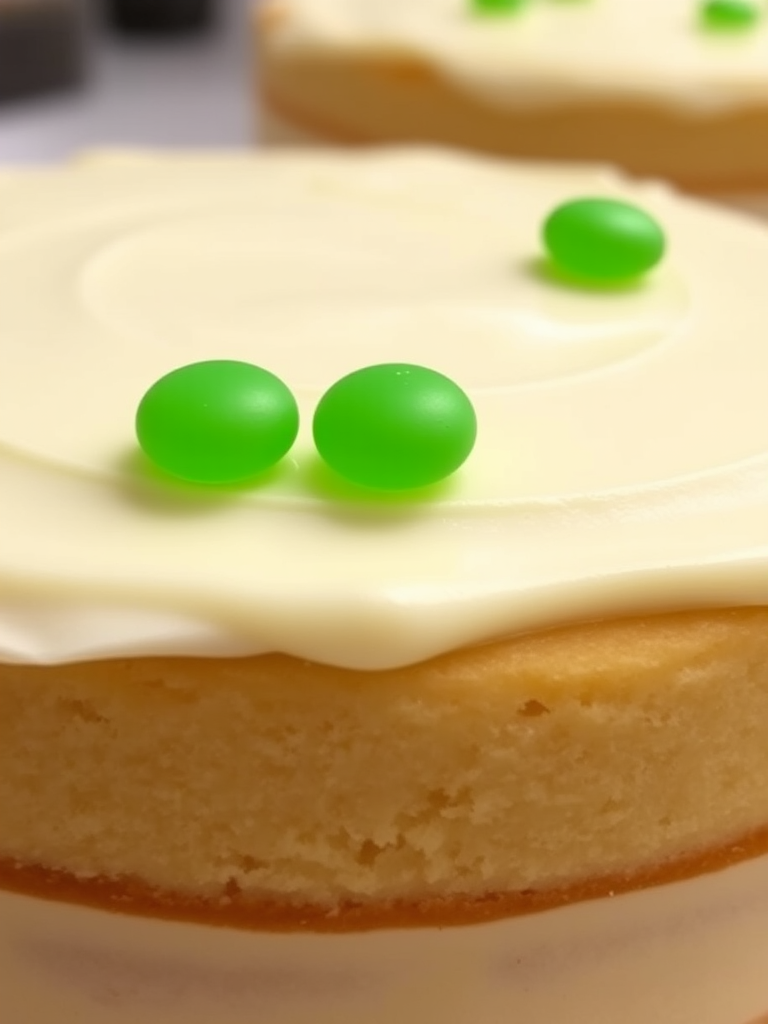A close-up of a layered vanilla cake with smooth frosting on top and two green candy decorations on the surface, showing the texture of the cake and filling.