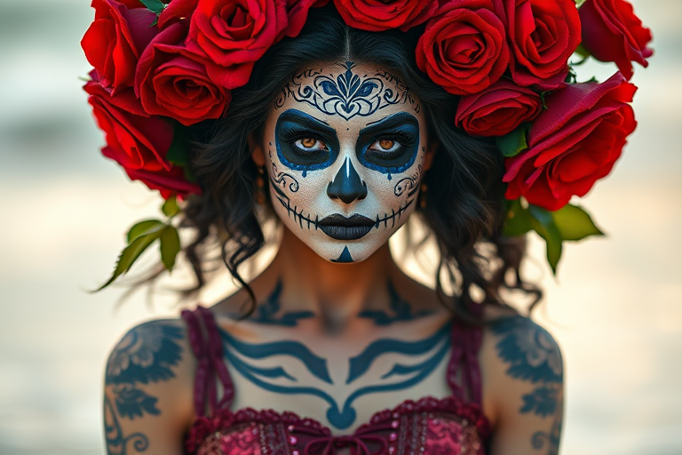 Create a high-resolution portrait of a woman with intricate Dia de los Muertos makeup featuring blue and white designs, surrounded by red roses in her hair, wearing a corset dress with tattooed arms, shot with a Canon EOS R5, 85mm lens, f/1.4 aperture, natural lighting, shallow depth of field, and a soft-focus background by the beach.