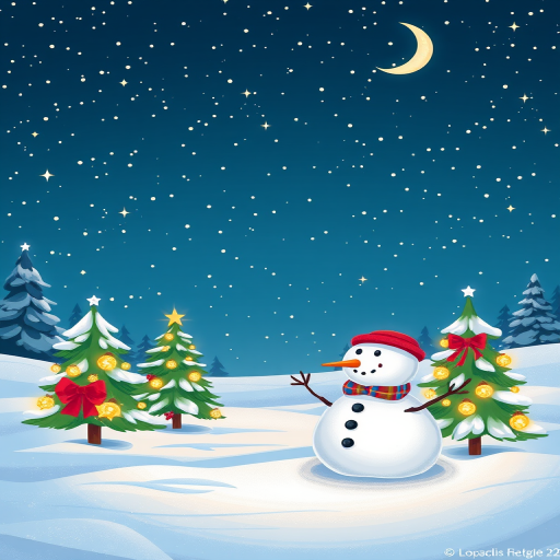 generate a digital illustration of a playful winter scene featuring a snowman and decorated Christmas trees under a starry night sky with a crescent moon, use a Canon EOS R5 camera with a 50mm lens at f/2.8, ISO 100, 1/60 sec shutter speed, in an artistic style with vibrant colors and clean lines for enhanced image quality