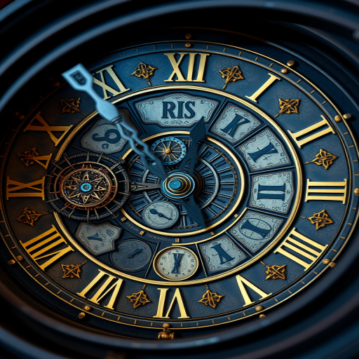 create a high-resolution image of a spiral clock face with intricate details and gold accents, captured with a Canon EOS R5 using a 50mm f/1.2 lens, aperture set to f/8, ISO 100, and a view from above to emphasize the depth and complexity of the design