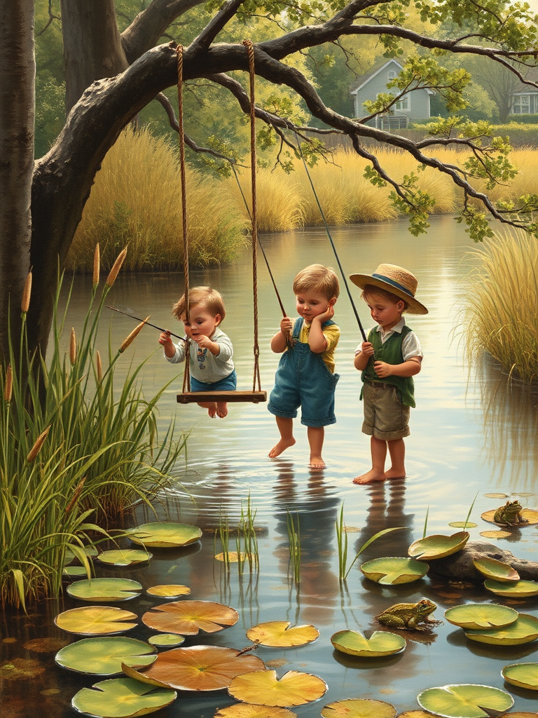 Imagine a small group of old fashioned young boys out fishing by the creek, a swing hanging from a tree branch, reeds and grasses by the water's edge, a frog sitting on a lily pad, dragonflies hovering over som water plans, a very iconic old fashioned scene reminiscent of a Norman Rockwell painting style