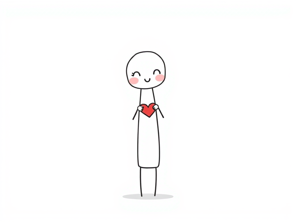 Create a simple cartoon character with a long body and a rounded head. The character should have blushing cheeks and be holding a heart shape with its hands. The style should be minimalistic with clean lines and a playful expression. Use a white background for a cheerful look.