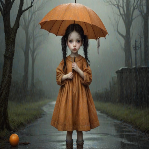 An eerie, weird little girl with dark hair in thin pigtails, wearing a smock dress, standing in the rain, holding a dirty orange umbrella, a small, odd creature beside her. In a surreal style inspired by Nicoletta Ceccoli and Brian Froud. Dark fantasy themes