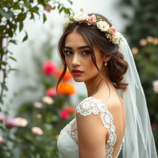 Garden scene, bridal model, delicate lace gown, floral headpiece, soft romantic focus, high-key lighting and an 85mm lens for soft, even tones that highlight the model’s face and bright outfit against a white or light background
