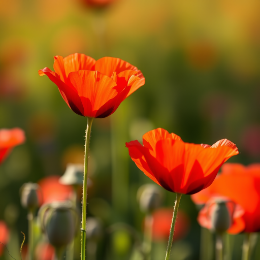 Close-up of vibrant red poppy flowers in a soft-focus background, shot with a Canon EOS R5, 85mm lens, aperture f/2.8, ISO 100, natural light.