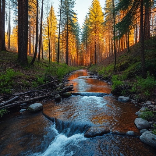 Generate an image of a tranquil forest landscape with a clear stream flowing through it during golden hour, focus on vibrant colors and sharp details, camera settings: ISO 100, f/8, shutter speed 1/200s, camera view: wide-angle, camera style: landscape photography, camera type: DSLR.