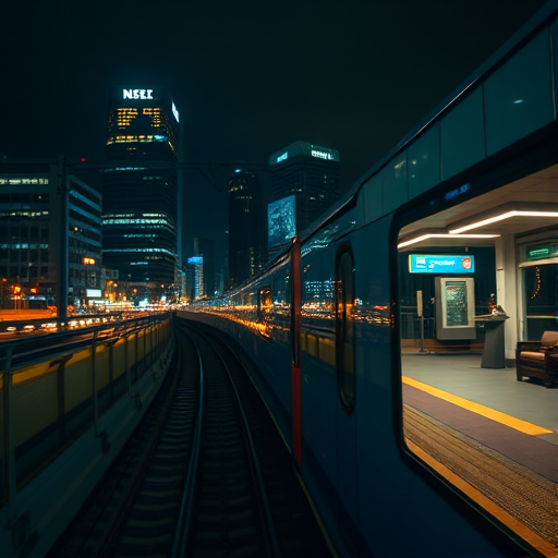 High-resolution nighttime cityscape with a focus on a train approaching a station, using a DSLR camera set to f/8 aperture, ISO 100, 20-second exposure, wide-angle view, tripod-mounted for stability.