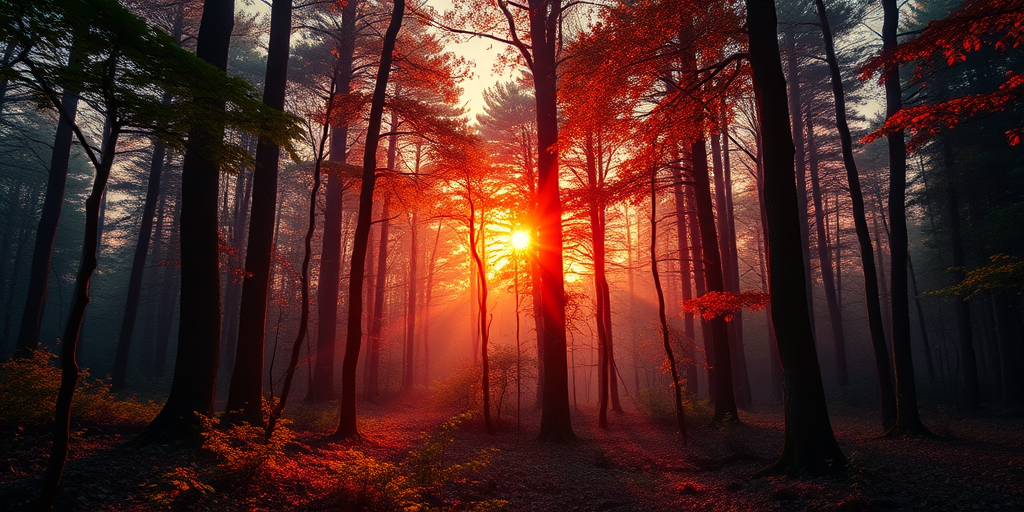 Create a highly detailed digital artwork of a mystical forest at sunrise, featuring vibrant colors and intricate details, captured with a Canon EOS R5, using a 50mm lens at f/1.8, ISO 100, and a shutter speed of 1/200s, with a wide-angle perspective to enhance depth and clarity.