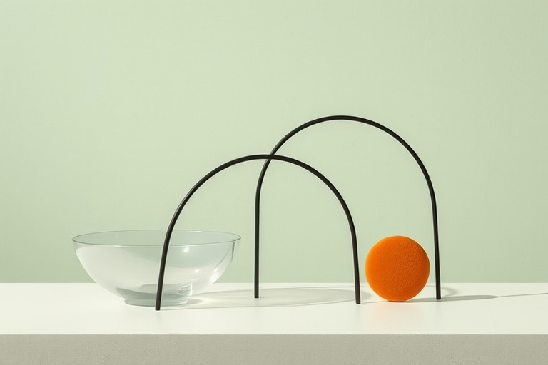 a modern minimalist design featuring abstract shapes with a muted green background, including a translucent bowl, a thin black arch, and a small circular orange shape, captured with a Canon EOS R5, 50mm lens, f/1.8 aperture, ISO 200, soft natural lighting to enhance texture and color depth.