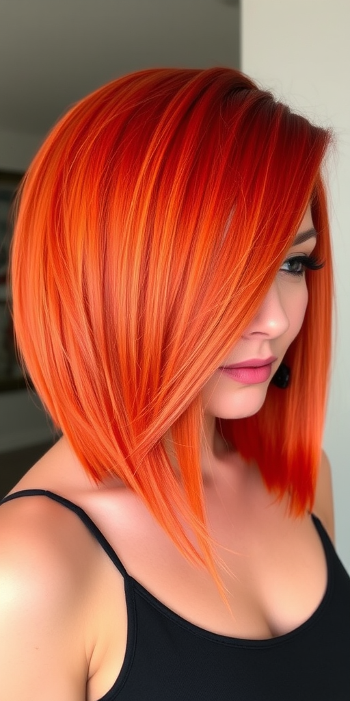 Fiery orange-red hair color in a sleek asymmetrical bob, Phoenix Flame cut, showcasing a sharp angle and vibrant hues reminiscent of burning embers