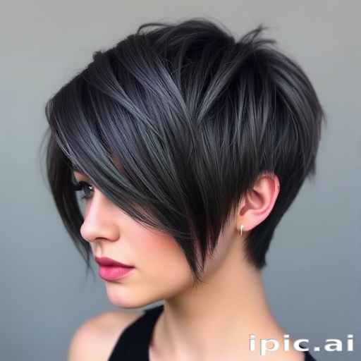 Smoky charcoal gray hair styled in a textured pixie cut with long, side-swept bangs, the Storm Cloud Chic style exudes edgy elegance and modern allure