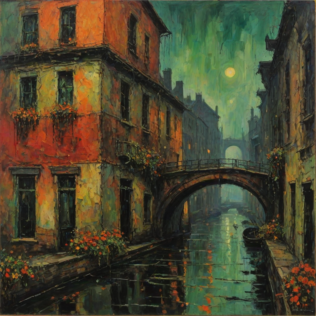 Misty Night, october. Half the frame is occupied by the wall of an old lonely towerhouse. Garlands of flowers hang from the windows. The rest of the frame is a view of the canal and bridge. Abstract expressionism, grunge impasto red orange, black, green intense oil colors on canvas. Jackson Pollock's, naive childish lines, microsplashes. Disturbing, depressive.