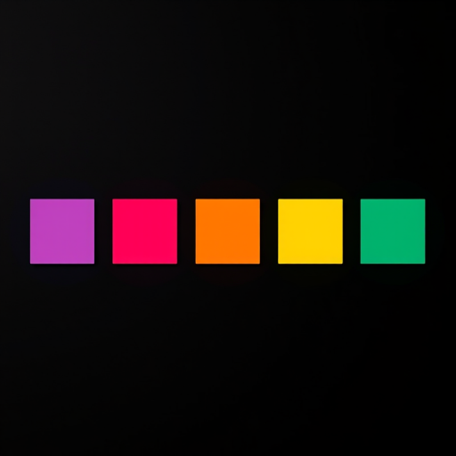 Create a high-resolution image of a minimalist design featuring a horizontal row of colorful squares (aqua, magenta, orange, purple, yellow, blue, red) on a black background, captured with a Canon EOS R5 camera, 50mm lens, aperture f/2.8, ISO 100, in top-down view for clarity and vibrancy.