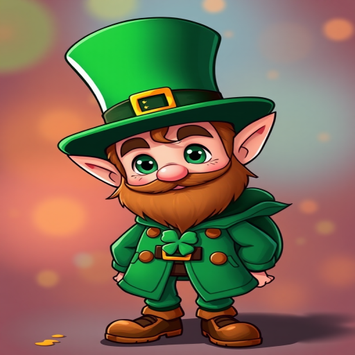 Create a cartoon character design of a leprechaun wearing a green hat and coat, with a shamrock emblem, set against a vibrant background, using a 50mm lens, f/2.8 aperture, ISO 100, high resolution, front view, digital illustration style.