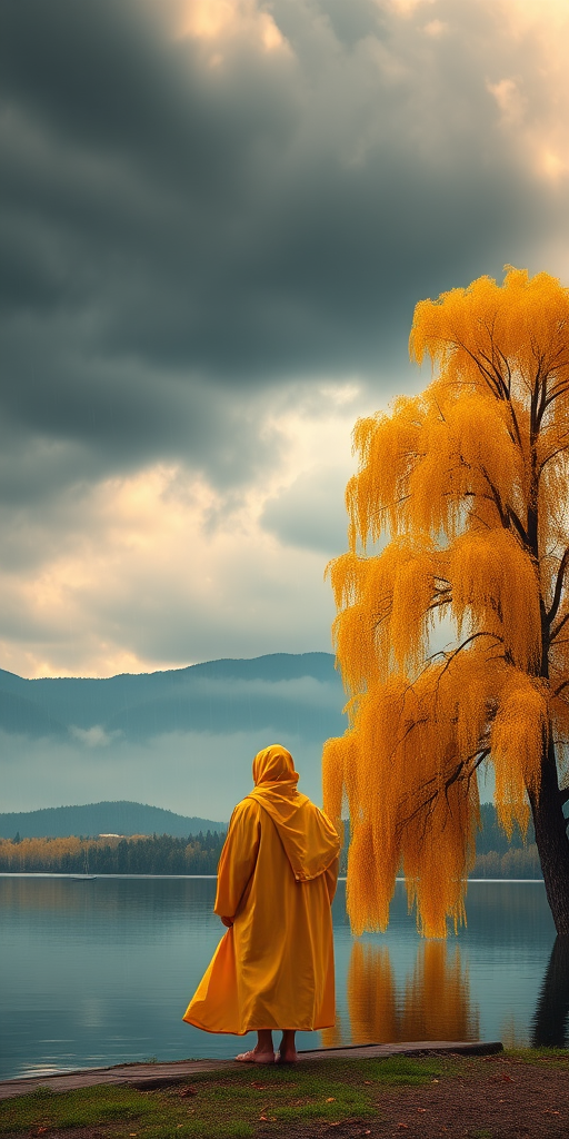 generate a serene landscape with a lone figure in a yellow robe standing by a tranquil lake under a dramatic sky, a large golden tree in the foreground, soft rain falling, composition featuring a boat on still water, utilize a DSLR camera, f/1.8 aperture, 50mm lens, ISO 100, shutter speed 1/200s, golden hour lighting for enhanced color contrast and depth.
