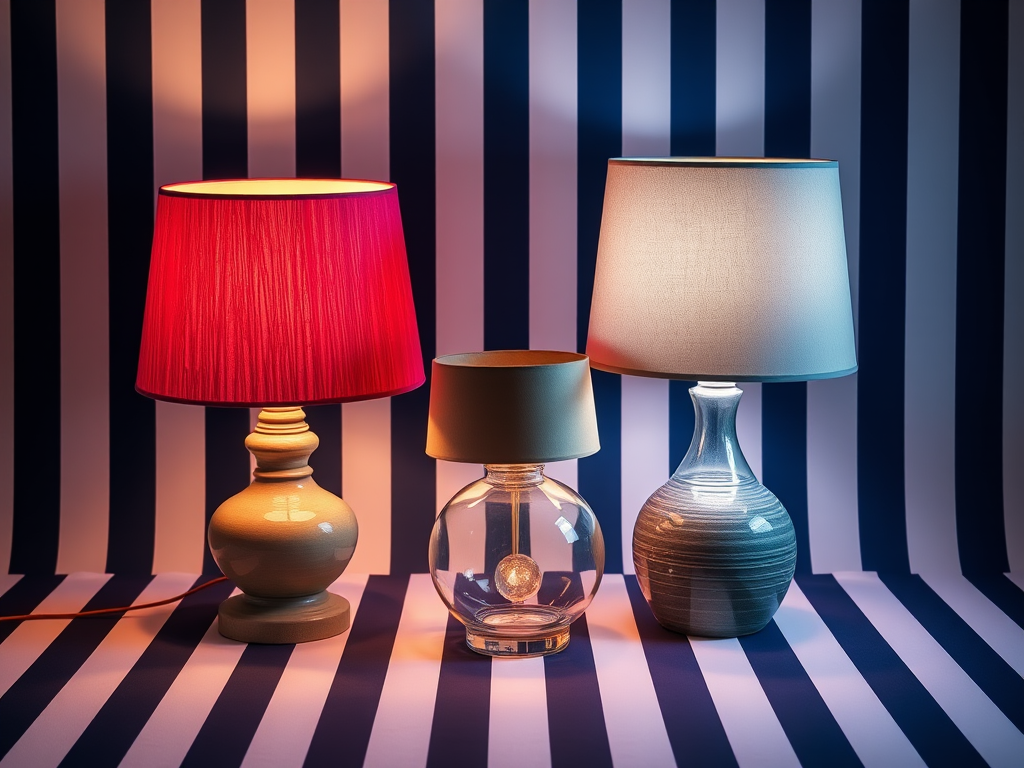 Create a vibrant still life of three unique lamps on a contrasting striped background, using a Canon EOS R5 with a 50mm lens at f/1.8, ISO 100, and a shutter speed of 1/60 seconds. Use soft lighting to enhance the textures of the lamp shades and bases while maintaining a shallow depth of field for a dreamy effect.