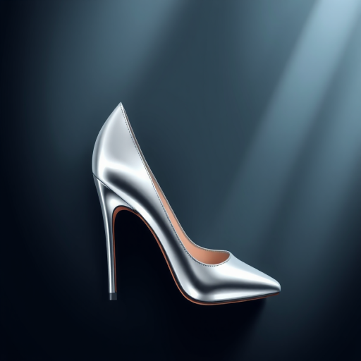 A high-quality illustration of a silver high-heeled shoe with a sleek design, using a soft-focus background, captured with a DSLR camera at f/2.8 aperture, 50mm lens, ISO 100, top-down view for enhanced detail and clarity.