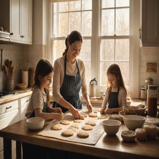 Cozy kitchen scene, with a mother baking cookies, her children helping by rolling out dough, the warm scent of vanilla wafting through the air, and sunlight streaming through the window.