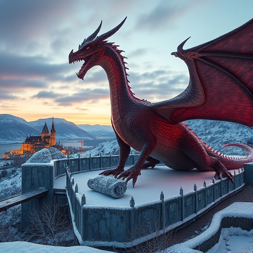 Create a hyper-realistic image of a colossal dragon with glowing scales in a snowy landscape, featuring a distant medieval city on fire, dusk lighting, captured with a Canon EOS R5, 24mm lens, f/2.8 aperture, 1/200s shutter speed, ISO 400, landscape view, high dynamic range, and vivid colors.