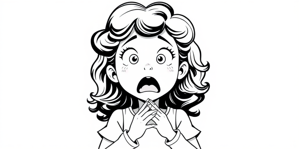 The image is a black and white illustration of a young girl with curly hair. She has a surprised expression on her face with her mouth open and her hands clasped together in front of her chest. Her eyes are wide and her eyebrows are furrowed. Her hair is styled in loose curls that are cascading down her back. The overall mood of the image is one of shock or surprise.