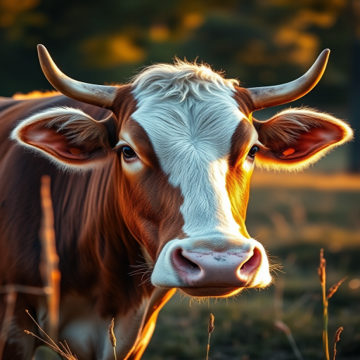 Generate a highly detailed illustration of a cow in a natural setting, using a canon EOS R5 camera with a 50mm lens, aperture set to f/1.8, ISO 100, shot at golden hour for warm lighting and enhanced contrast, with a shallow depth of field to bring focus to the cow while softly blurring the background.