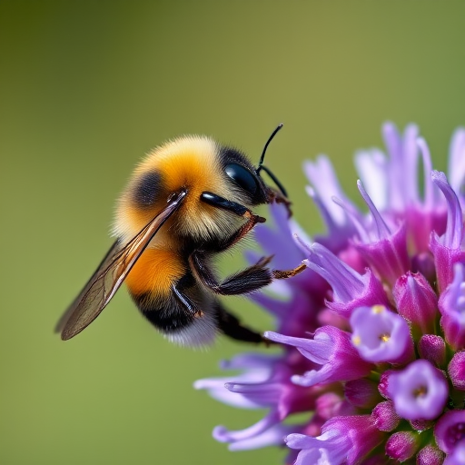 Macro shot of a bumblebee on a purple flowering plant, with a shallow depth of field, aperture f/2.8, shutter speed 1/100s, ISO 200, 100mm lens, natural light, DSLR camera, vivid colors and fine details.