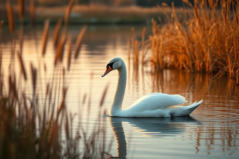 a serene scene of a white swan swimming in calm water surrounded by tall reeds, captured during golden hour with a 50mm lens, aperture f/1.8, ISO 200, shutter speed 1/800s, soft focus background for depth, shot with a DSLR camera in landscape orientation