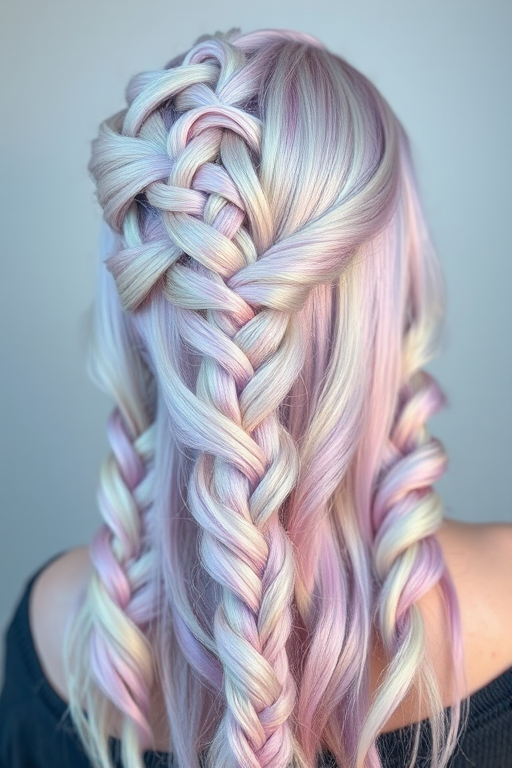 Pearlescent opal hair color styled in mermaid braids, Iridescent Fantasy look, featuring a mesmerizing blend of pastel hues that shift in the light