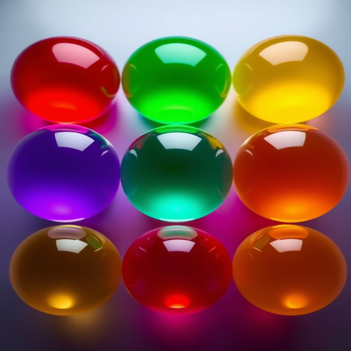 Generate an image of nine glossy spheres arranged in a 3x3 grid, using vibrant colors like red, blue, green, light green, yellow, purple, orange, and pink, captured with a DSLR camera at f/2.8 aperture, 50mm lens, ISO 100, with a shallow depth of field to create a bokeh effect.