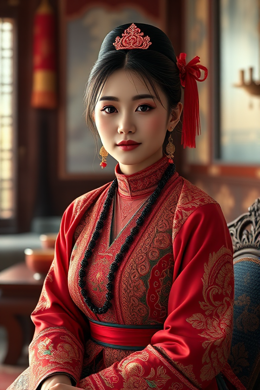 A beautiful Hmong woman in traditional East Asian attire, intricately detailed with embroidered patterns, sitting gracefully in a richly decorated room, soft ambient lighting, serene and elegant, ultra-realistic, 8K resolution