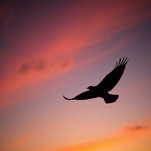 Regenerate a high-resolution image of a silhouette of a bird in flight against a sunset backdrop, using a DSLR camera with a 50mm lens at f/2.8, ISO 100, and a shutter speed of 1/200 second, shot from a low angle to enhance the dramatic effect and color saturation.