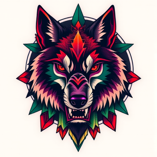 Bold neo-traditional wolf tattoo, "Primal Guardian," featuring a fierce wolf head with exaggerated features and vivid colors like deep reds, rich purples, and forest greens, surrounded by stylized nature elements and geometric shapes, perfect for a shoulder or thigh placement