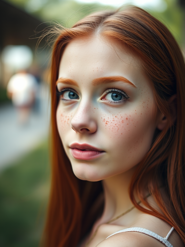 portrait of a young woman with long red hair and freckles, soft focus, natural light, shallow depth of field, 50mm lens, f/1.8, ISO 100, shot at eye level, taken with a DSLR camera in outdoor setting