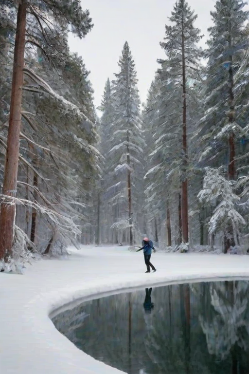 Tranquil winter landscape, with a snow-covered forest, tall pine trees blanketed in white, and a frozen pond in the foreground, with a single figure ice skating gracefully across the surface.