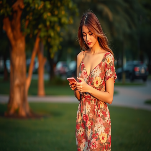 Regenerate a candid shot of a woman in a floral dress walking while texting on her phone in a park during golden hour, camera settings: aperture f/1.8, shutter speed 1/200s, ISO 200, camera view: portrait, camera style: shallow depth of field, camera type: DSLR.