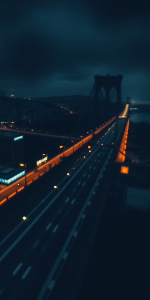 night dark, natural lighting, bridge focus, CandiBRIDGE, no humans, bridge, railing, city lights, cityscape, from above, negative space, intricately detailed illustration, depth of field, atmospheric perspective