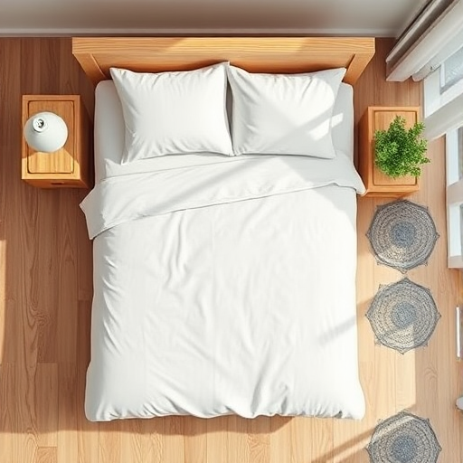 Create a high-quality image of a simple bed design, using a DSLR camera with a 50mm lens, aperture set to f/2.8, ISO 100, shot from a top-down view in natural light for soft shadows and highlights.