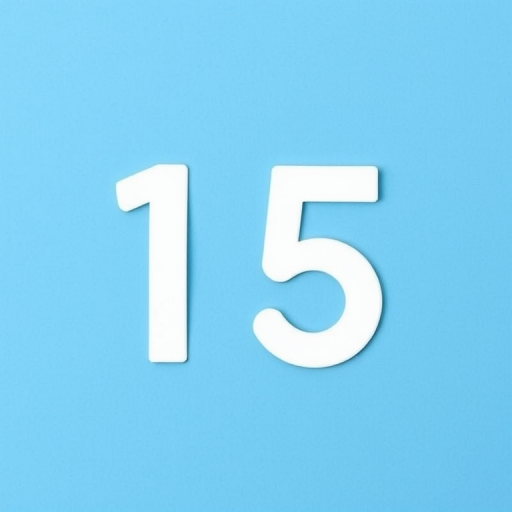 Create an image of the number 15 on a blue background, capture with a DSLR camera, 50mm lens, aperture f/2.8, ISO 100, natural light, with a sharp focus on the number for high detail and vibrancy.