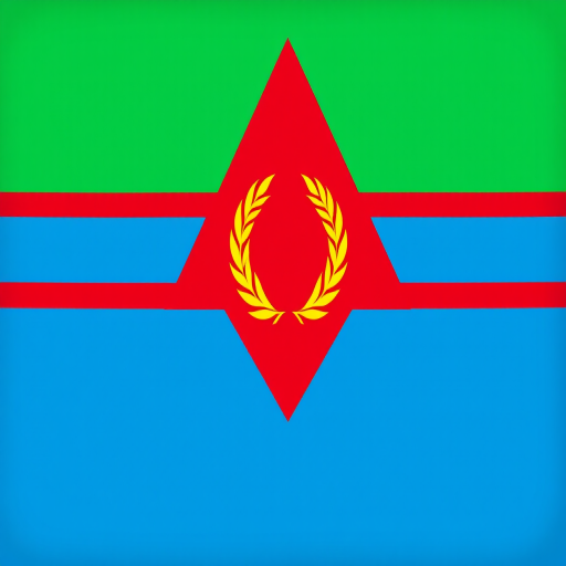 Create a high-resolution image of the Eritrean flag featuring a green triangle at the top, a red triangle in the middle with a yellow olive branch emblem at the center, and a blue triangle at the bottom, using a DSLR camera with a 50mm lens, aperture set to f/8, ISO 100, and a shutter speed of 1/200s, captured from a straight-on perspective.