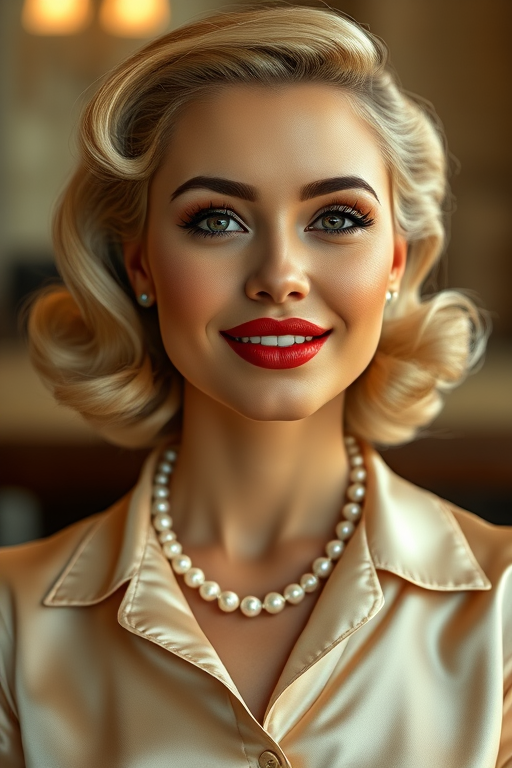 A beautiful Hispanic woman reminiscent of 1950s Hollywood glamour, with perfectly styled blonde hair and a seductive smile, dressed in a satin blouse and adorned with pearls, soft and warm tones, photorealistic, 8K